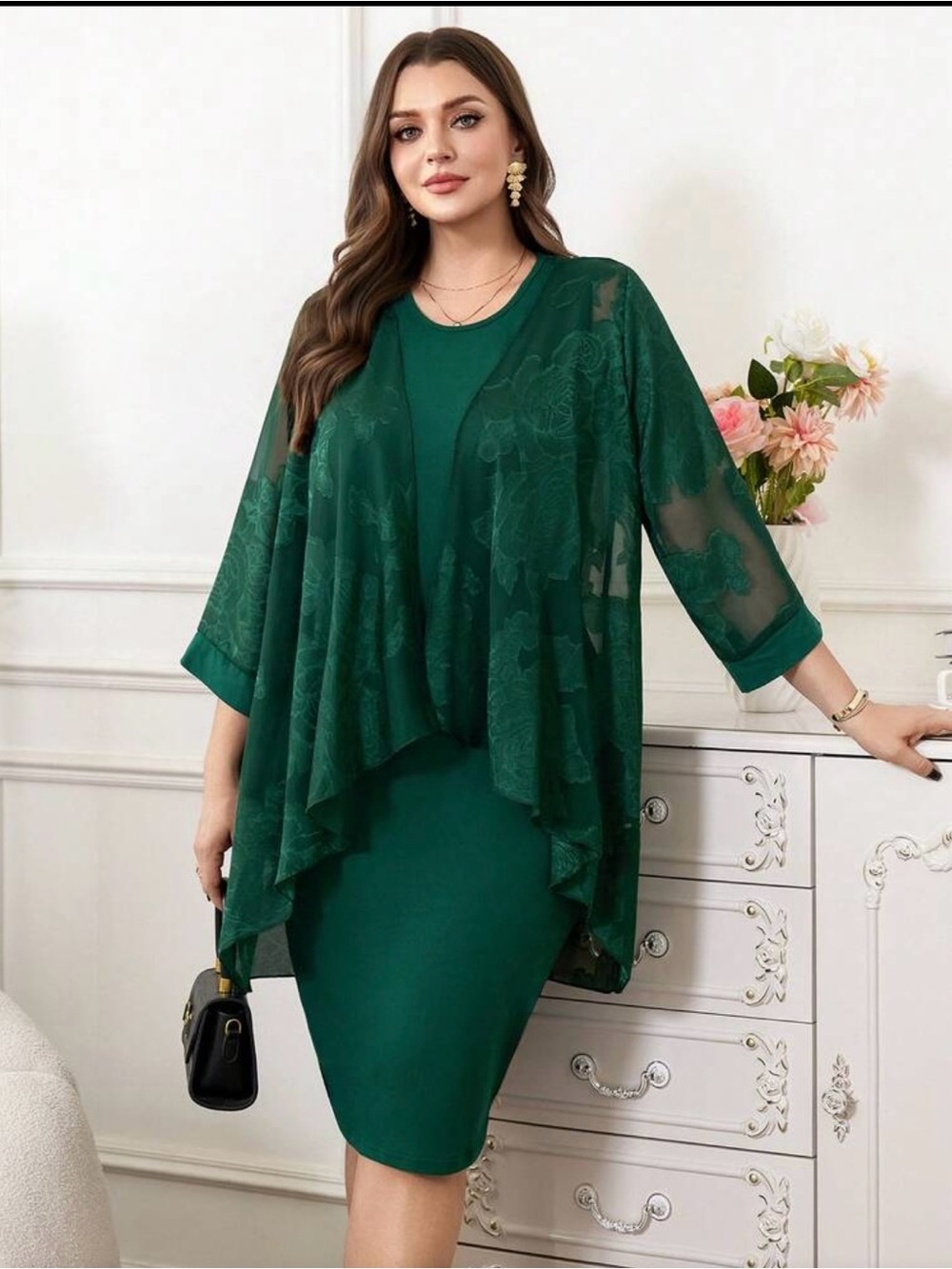 Elegant Asymmetrical plus size green Dress with Sheer open jacket